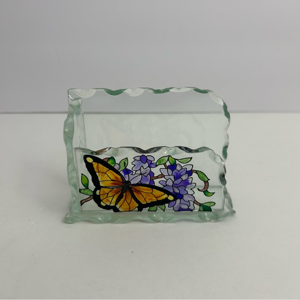Joan Baker designs wings & wisteria cut glass hand painted business card holder